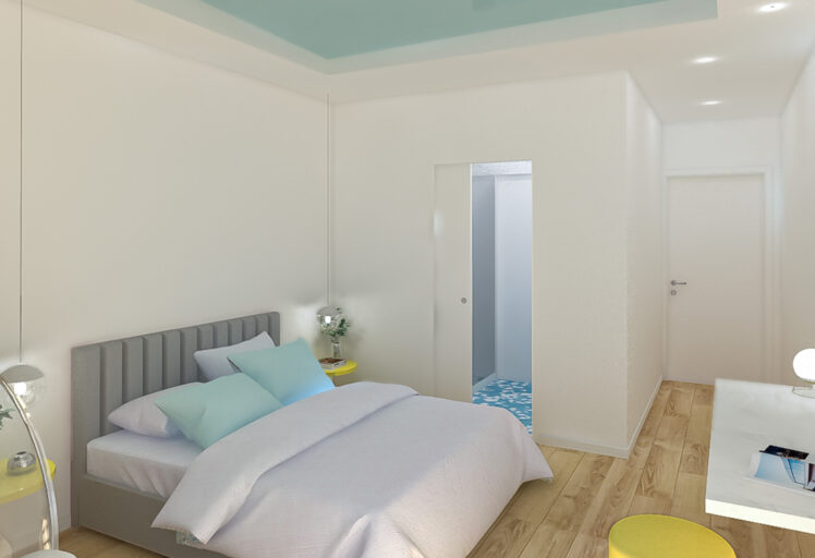 Perspective 3D de l'aménagement et décoration d'une chambre pour un hôtel-restaurant 4 étoiles