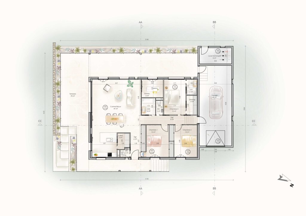 Plan technique de l'aménagement et rénovation d'une maison de plein pied