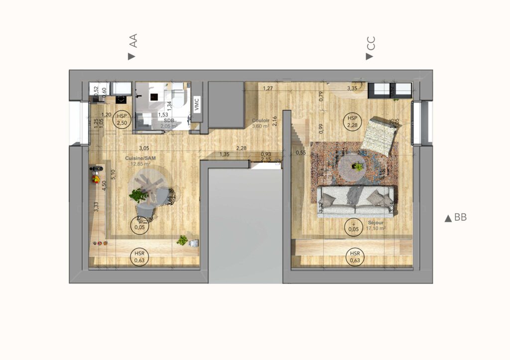 Plan de l'aménagement d'un appartement sous les combles
