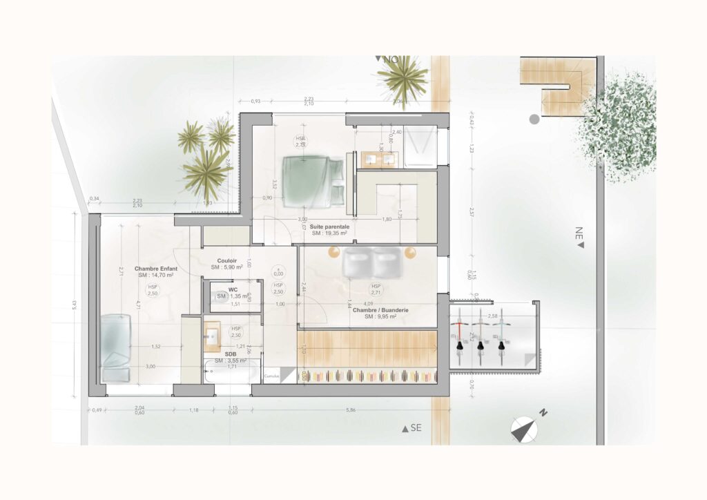 Plan techniques RDC de l'aménagement et rénovation d'une maison avec vue sur mer