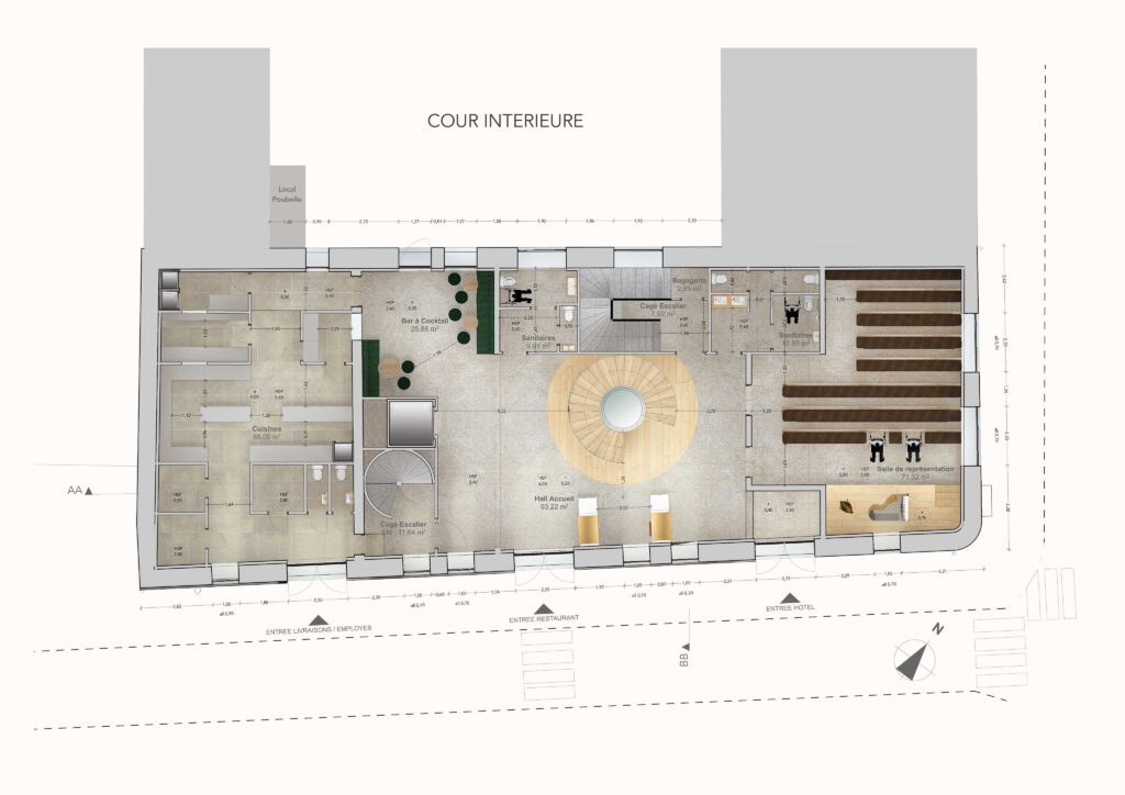 Plan technique RDC de l'aménagement d'un hôtel-restaurant 4 étoiles