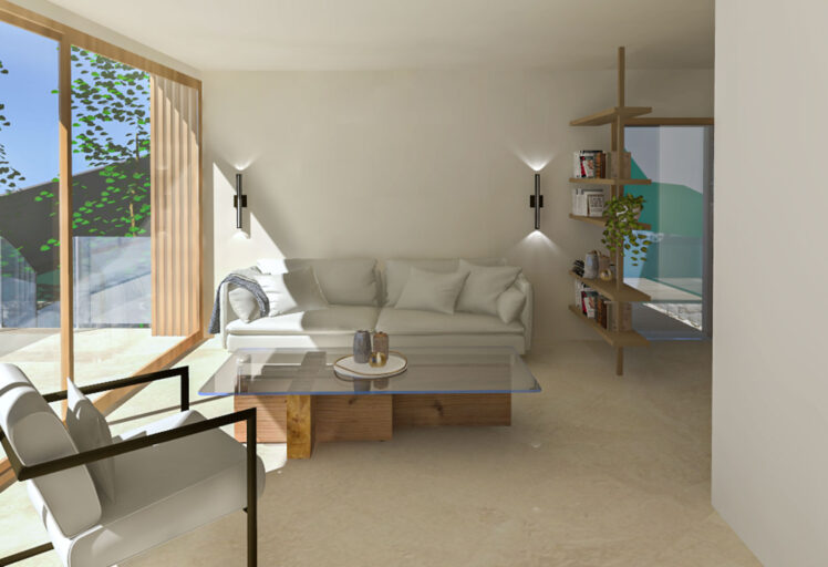 Perspective 3D de l'aménagement et rénovation du salon d'une maison avec vue sur mer