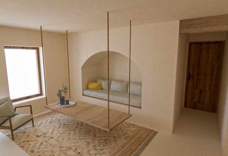 Perspective 3D de l'aménagement d'un salon pour appartements locatifs