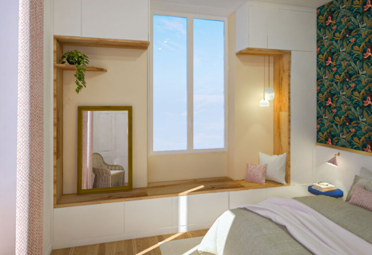 Perspective 3D d'un rangement sur mesure pour une chambre optimisée