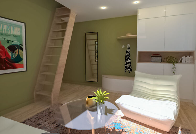 Perspective 3D de l'aménagement d'un appartement sous les combles