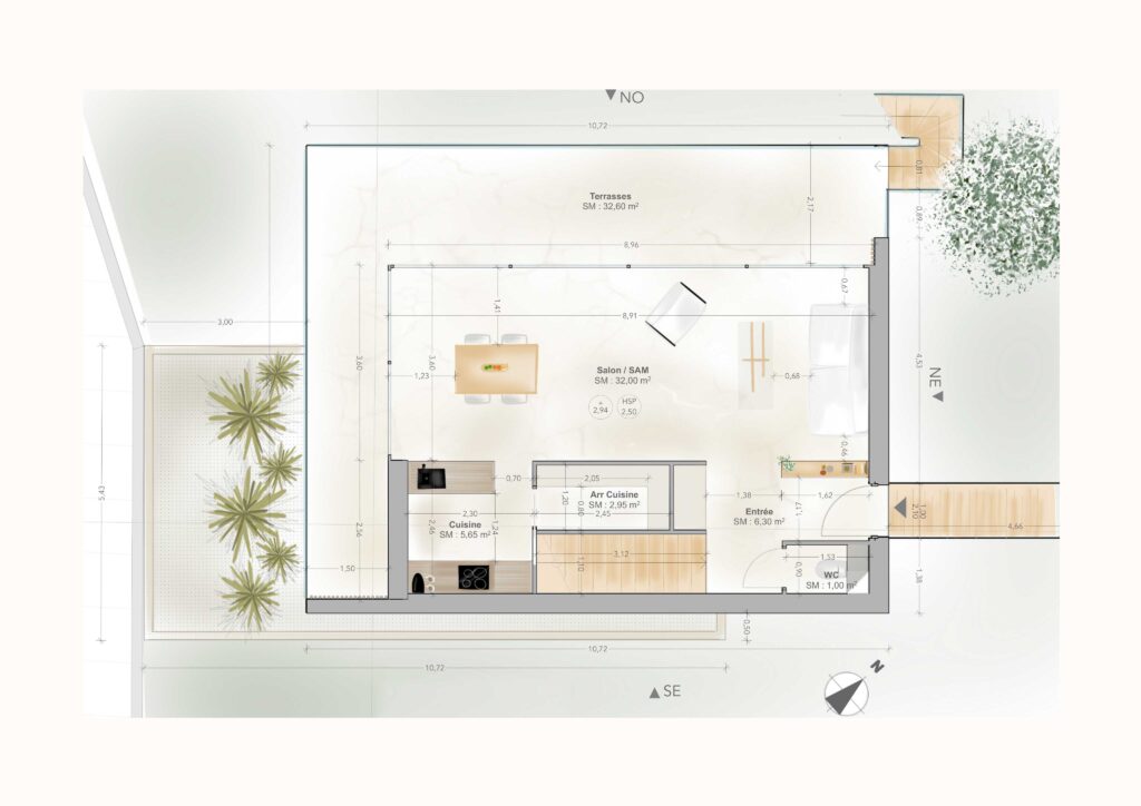 Plan techniques R+1 de l'aménagement et rénovation d'une maison avec vue sur mer