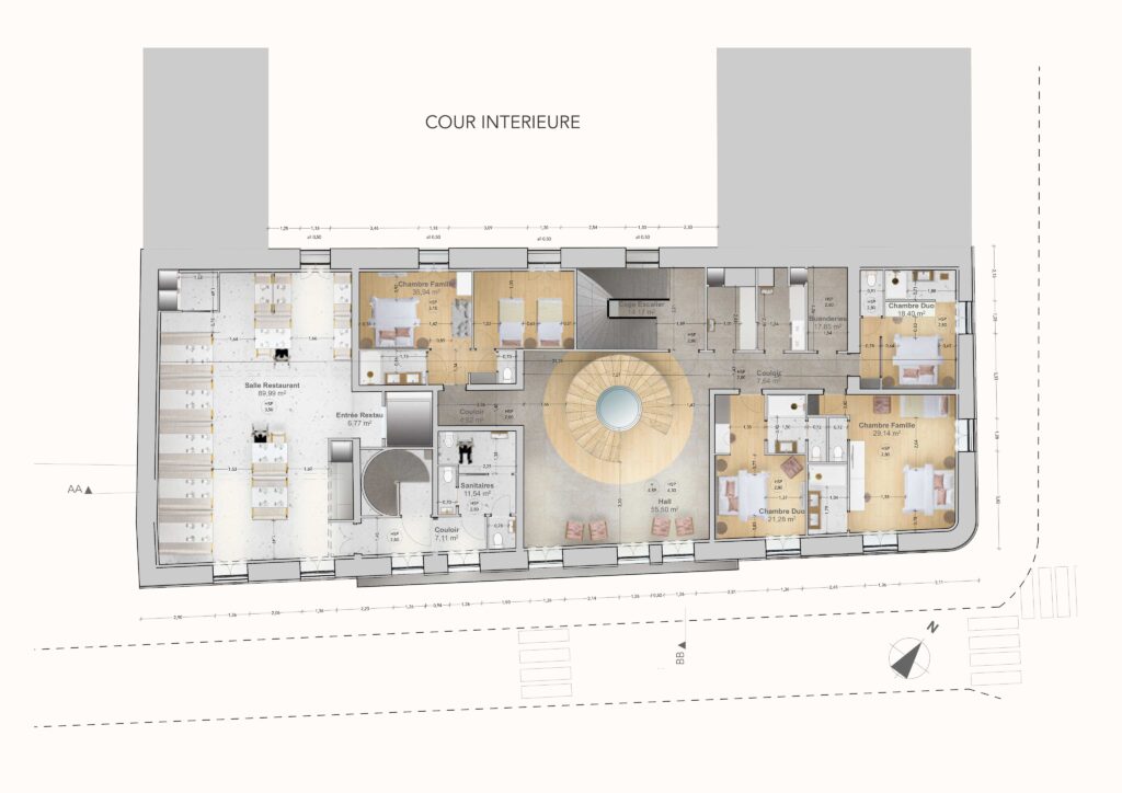 Plan technique R+1 de l'aménagement d'un hôtel-restaurant 4 étoiles