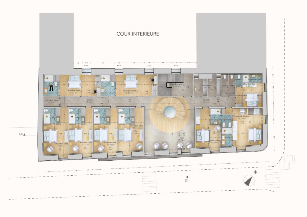 Plan technique R+2 de l'aménagement d'un hôtel-restaurant 4 étoiles