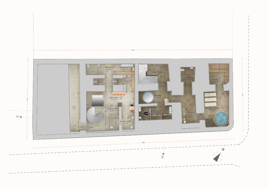Plan technique R-1 de l'aménagement d'un hôtel-restaurant 4 étoiles