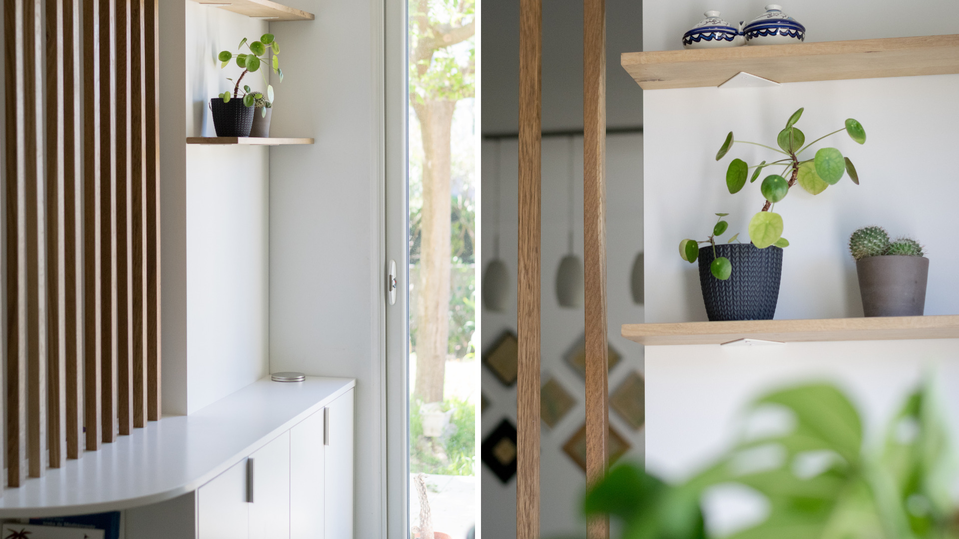Deux vues verticales montrant les détails du meuble d’entrée sur mesure, avec une étagère décorative et une vue de profil du mobilier intégré.